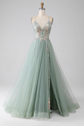 A-Line Beaded Light Green Prom Dress con fessura